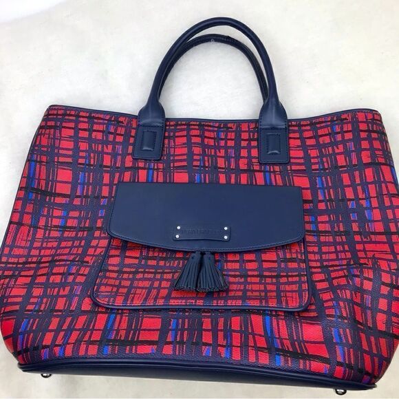 Very Bradley Red Blue Linear Graphic Double Handle Like New Travel Tote - Picture 3 of 16
